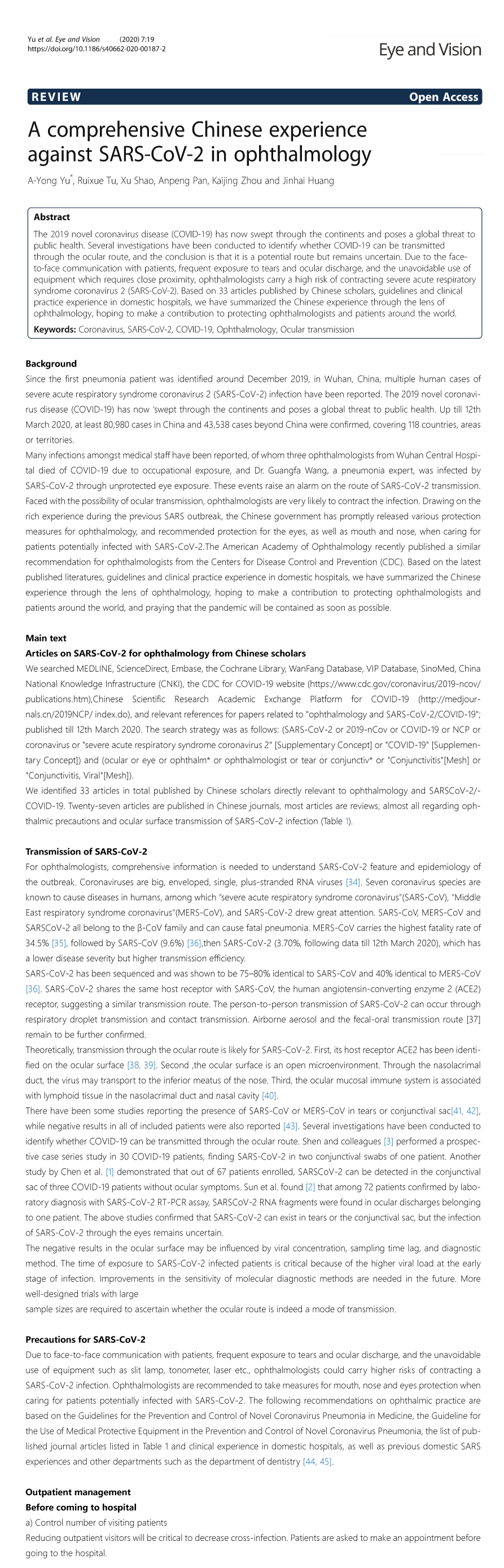 A comprehensive Chinese experience against SARS-CoV-2 in ophthalmology